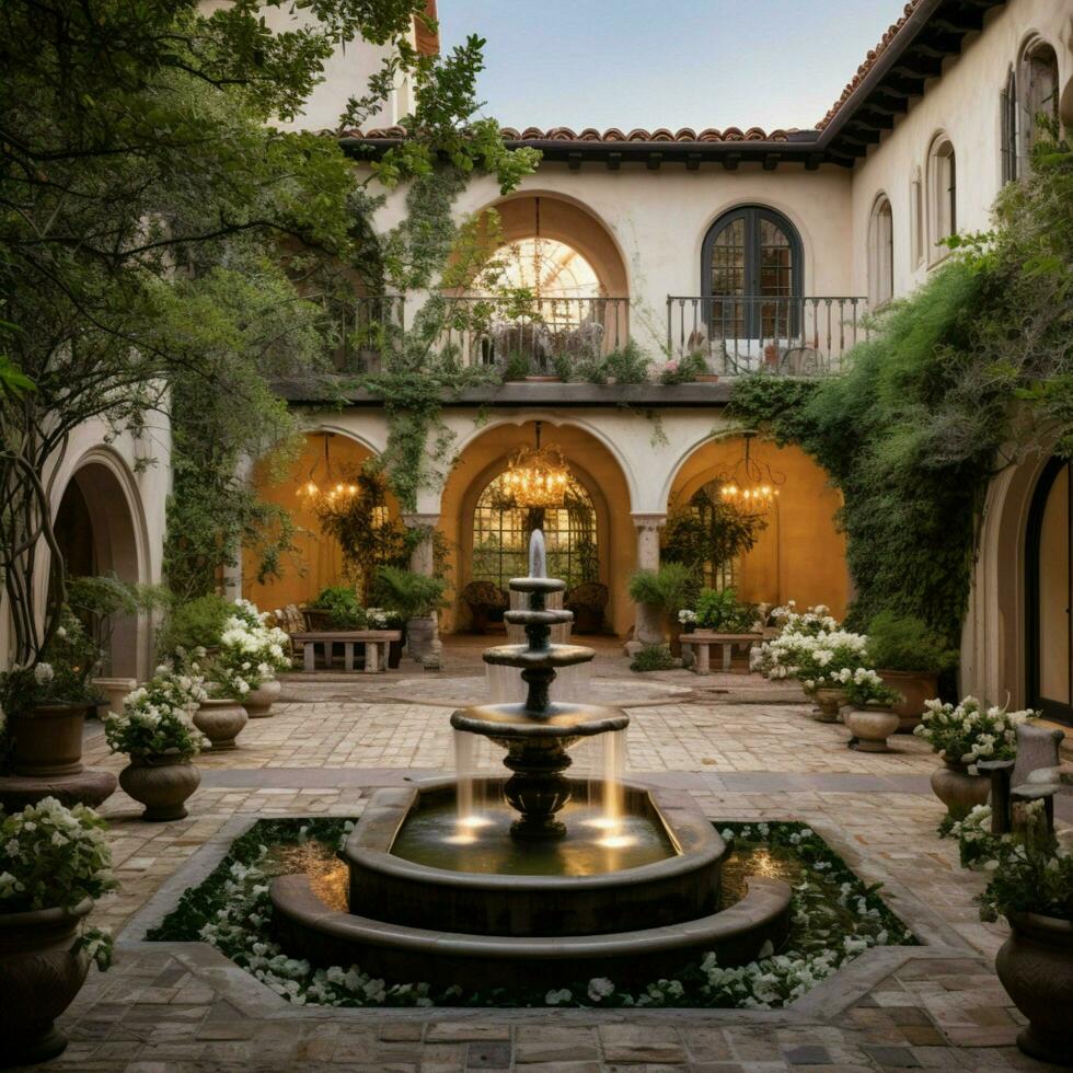 A serene courtyard with a trickling water fountain photo