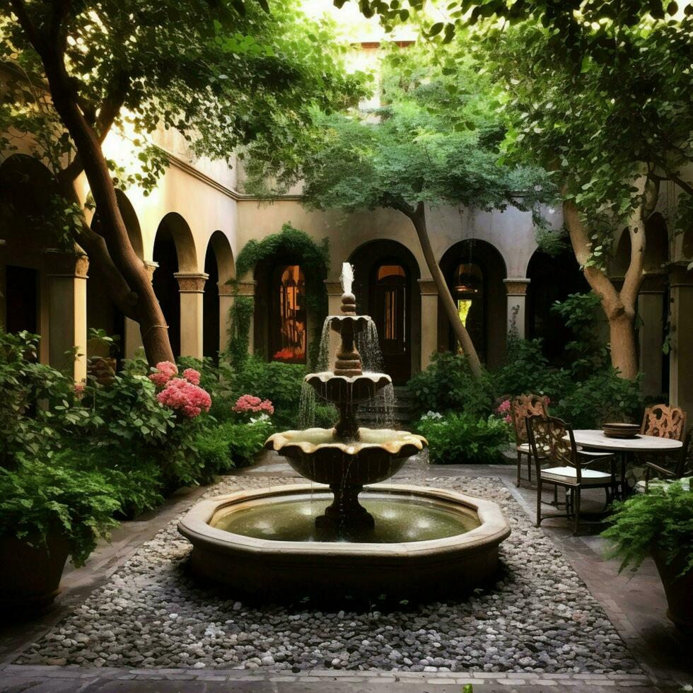 A serene courtyard with a trickling water fountain photo
