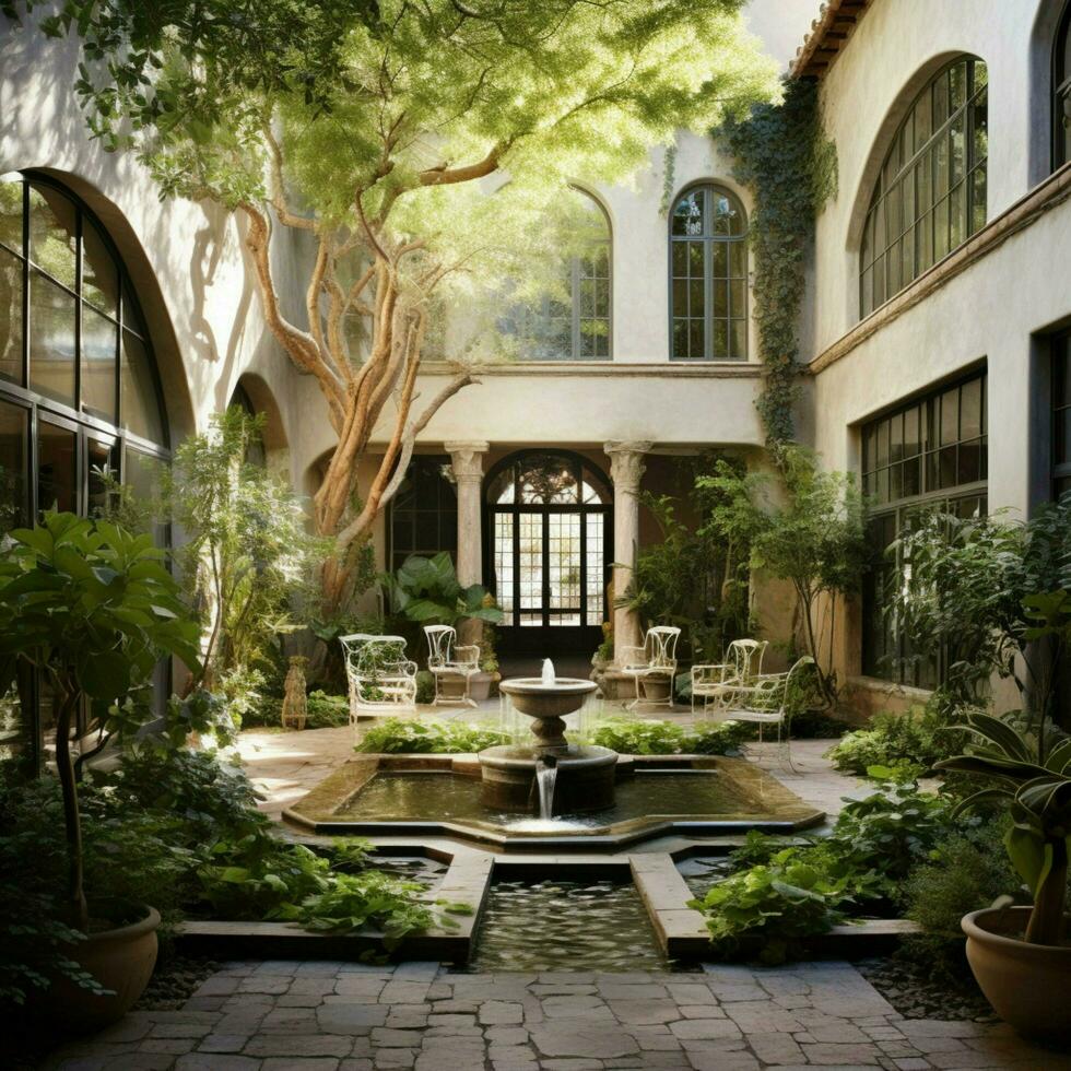 A serene courtyard with a trickling water fountain photo