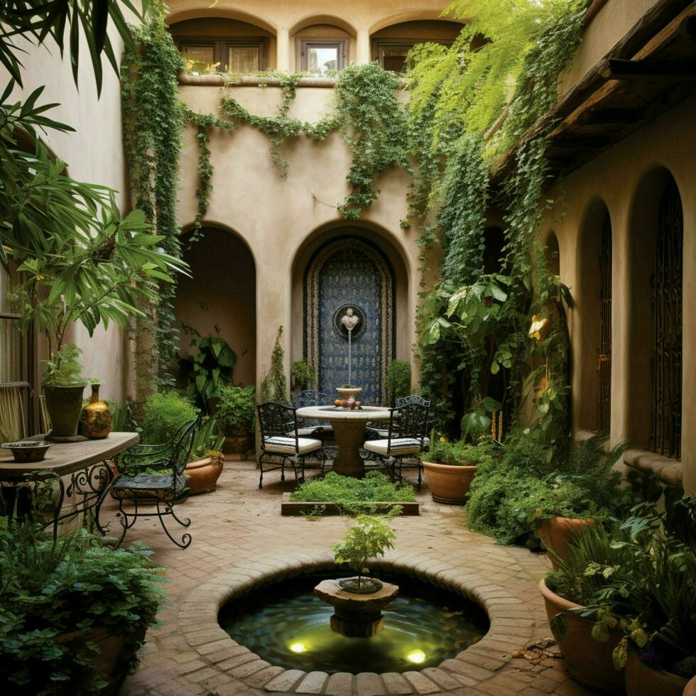 A serene courtyard with a trickling water fountain photo