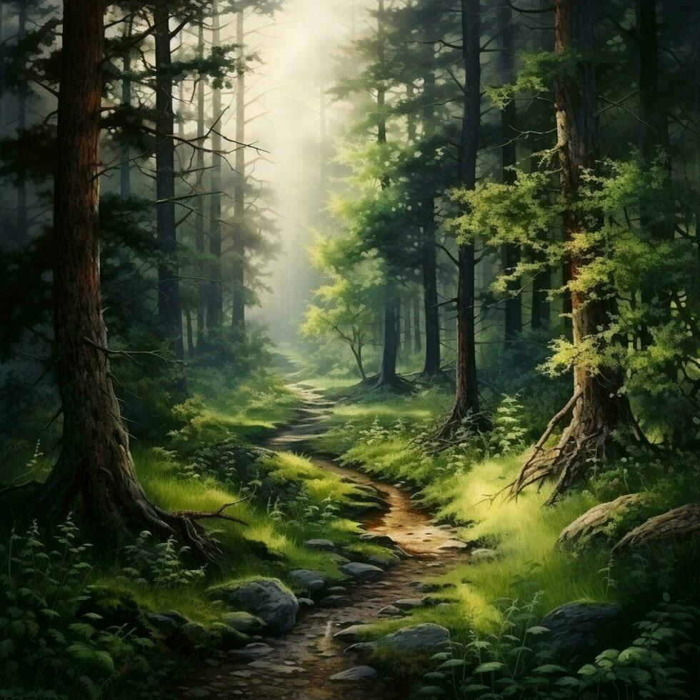 A serene path leading through a peaceful forest photo