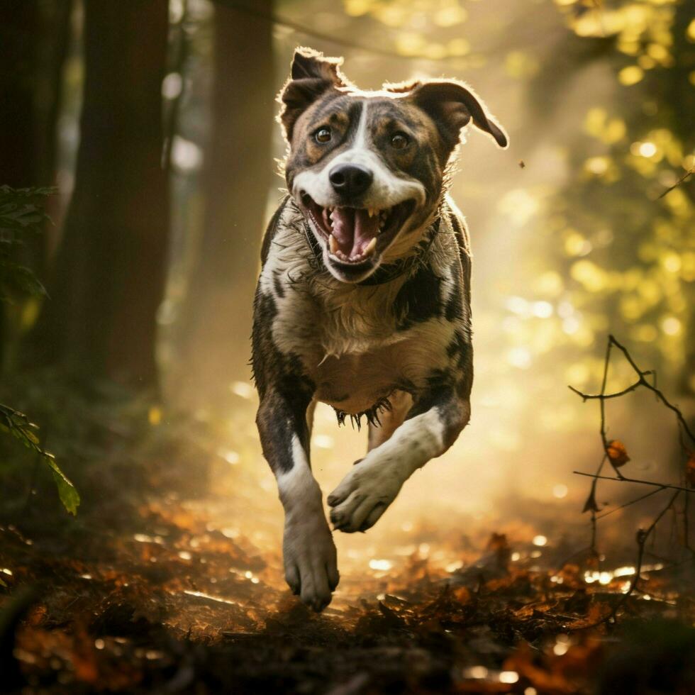 A spirited canine running through the woods photo