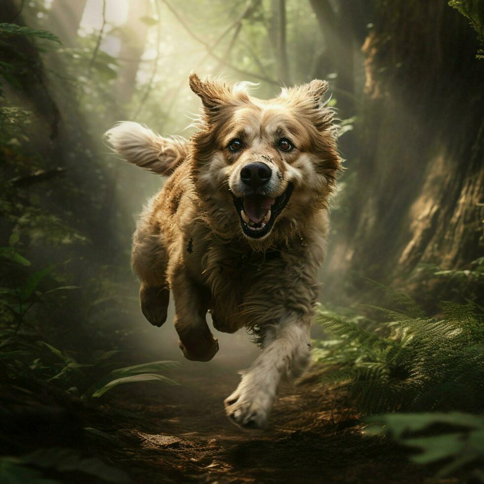 A spirited canine running through the woods photo