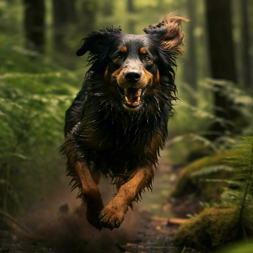 A spirited canine running through the woods photo