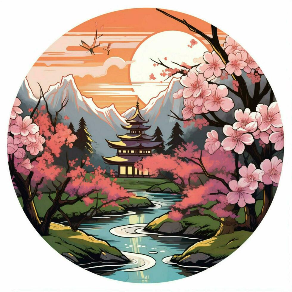 A sticker depicting a serene Japanese garden with cherry b photo