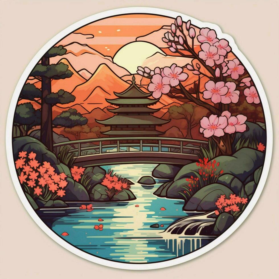 A sticker depicting a serene Japanese garden with cherry b photo