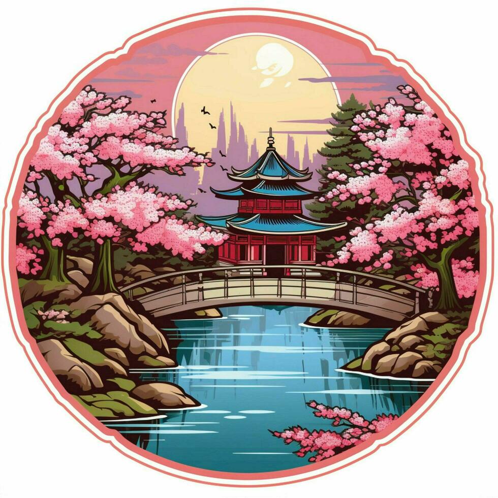 A sticker depicting a serene Japanese garden with cherry b photo