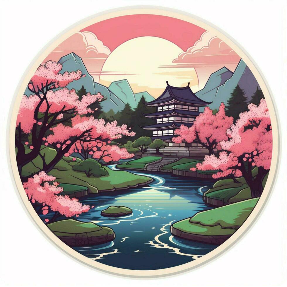 A sticker depicting a serene Japanese garden with cherry b photo