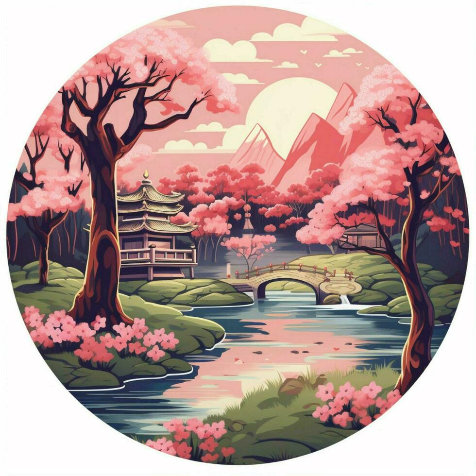 A sticker depicting a serene Japanese garden with cherry b photo