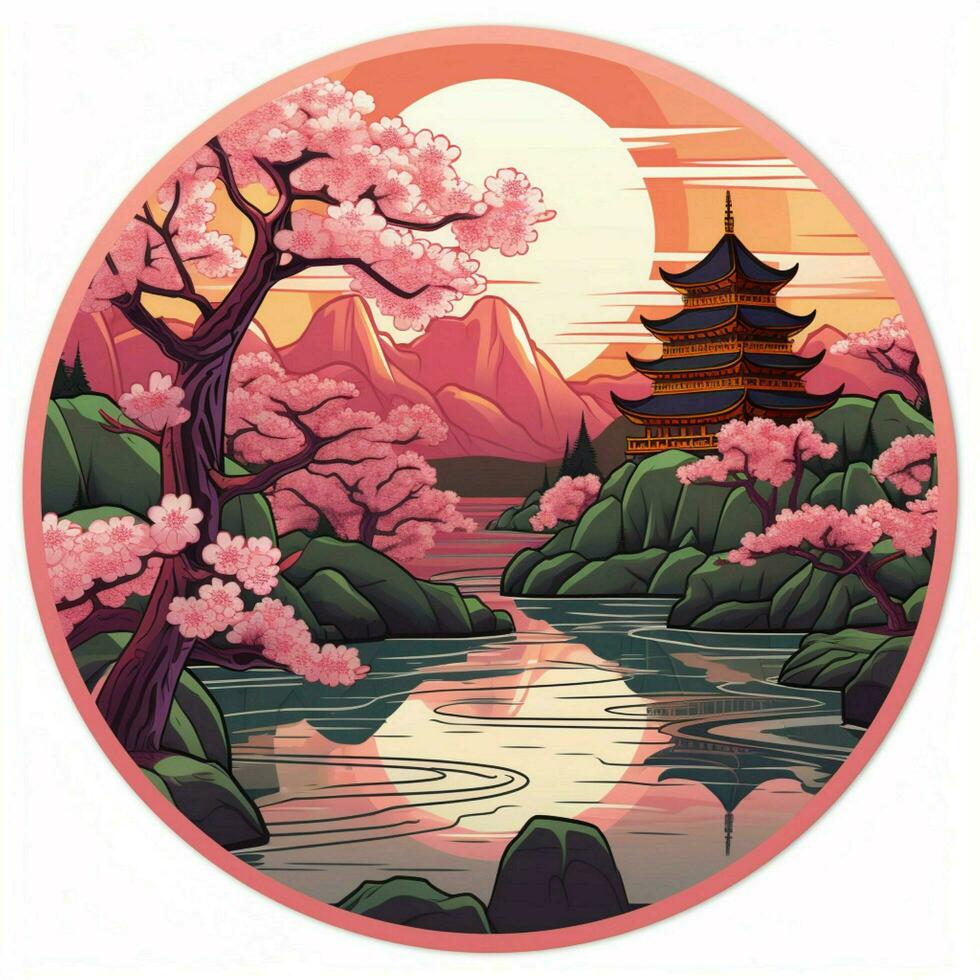 A sticker depicting a serene Japanese garden with cherry b photo