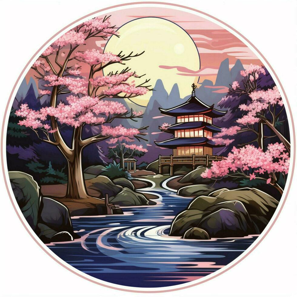 A sticker depicting a serene Japanese garden with cherry b photo