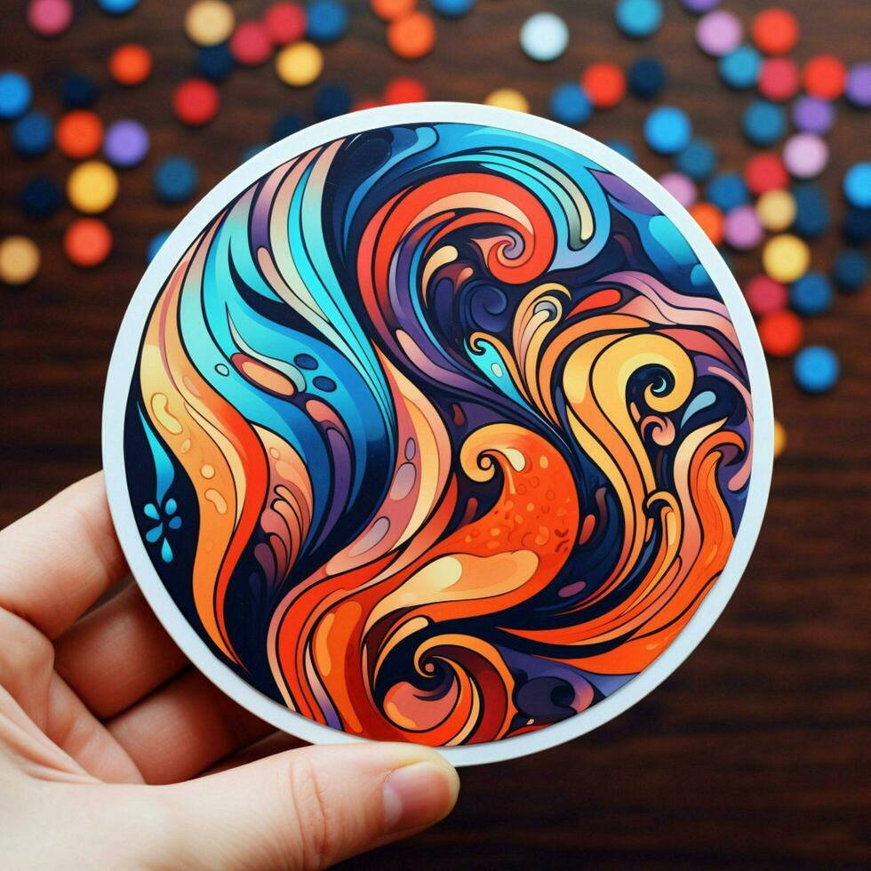 A sticker featuring a vibrant abstract design with photo