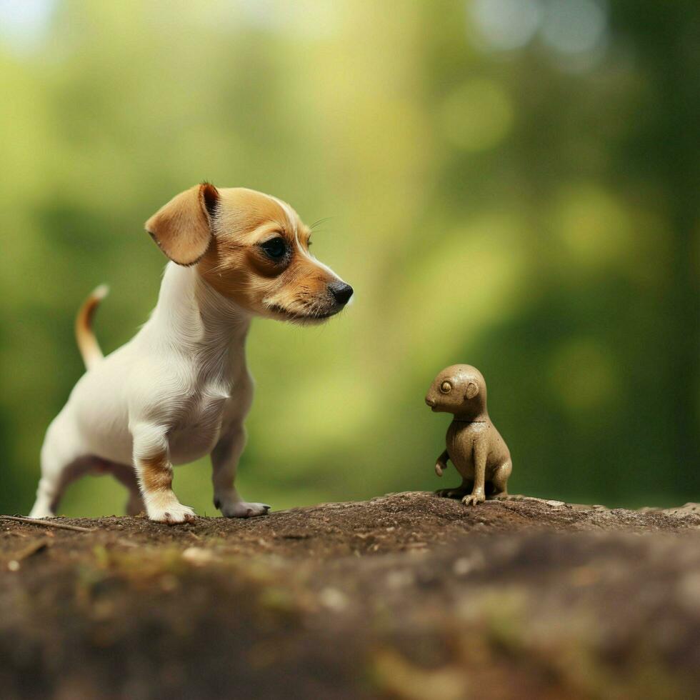 un minúsculo perro valientemente en pie arriba a un mas grande enemigo foto