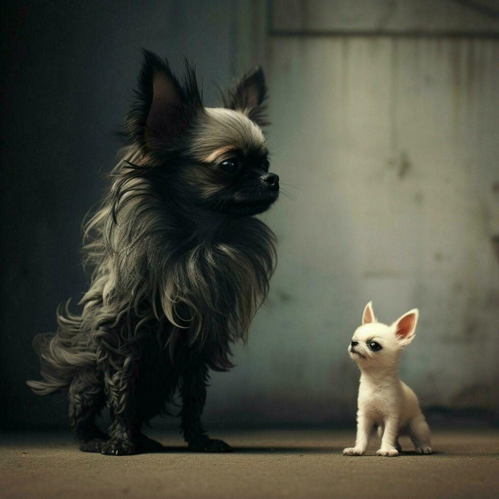 un minúsculo perro valientemente en pie arriba a un mas grande enemigo foto