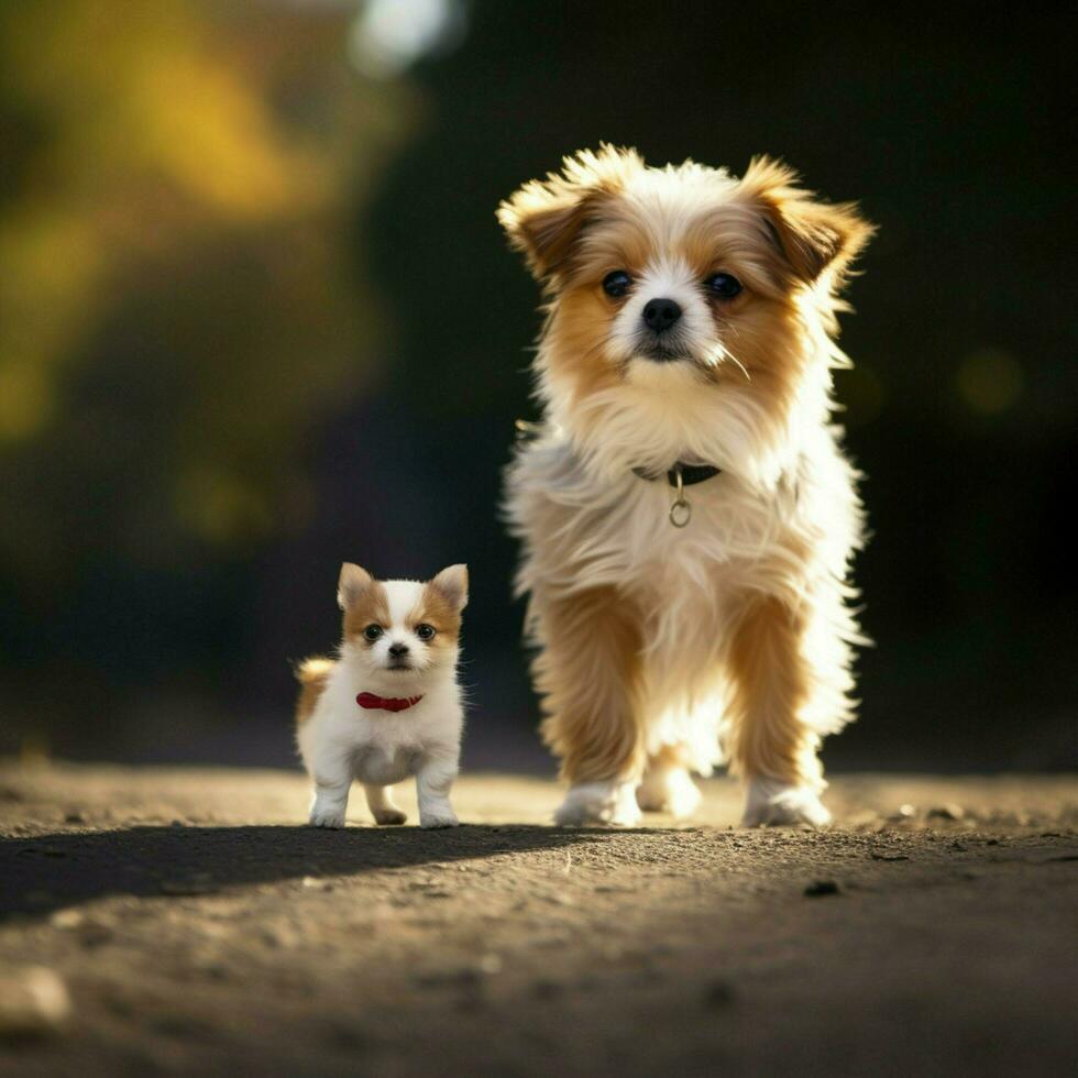 A tiny dog bravely standing up to a larger foe photo