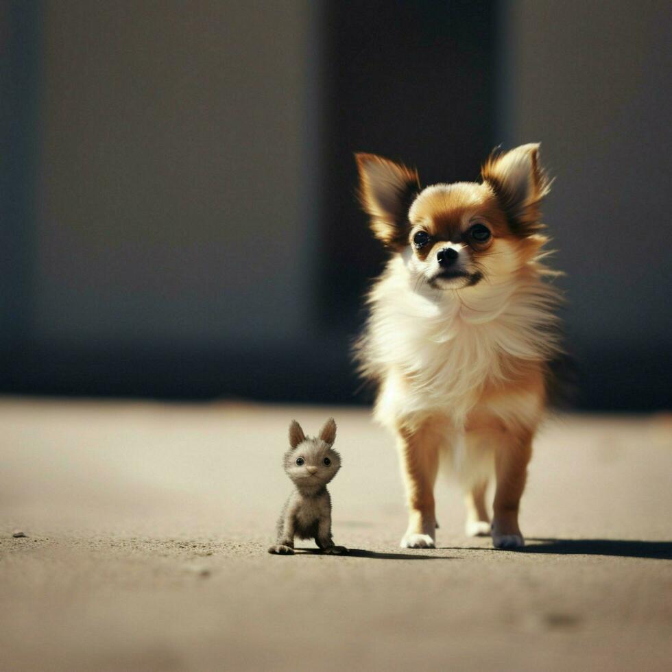 A tiny dog bravely standing up to a larger foe photo