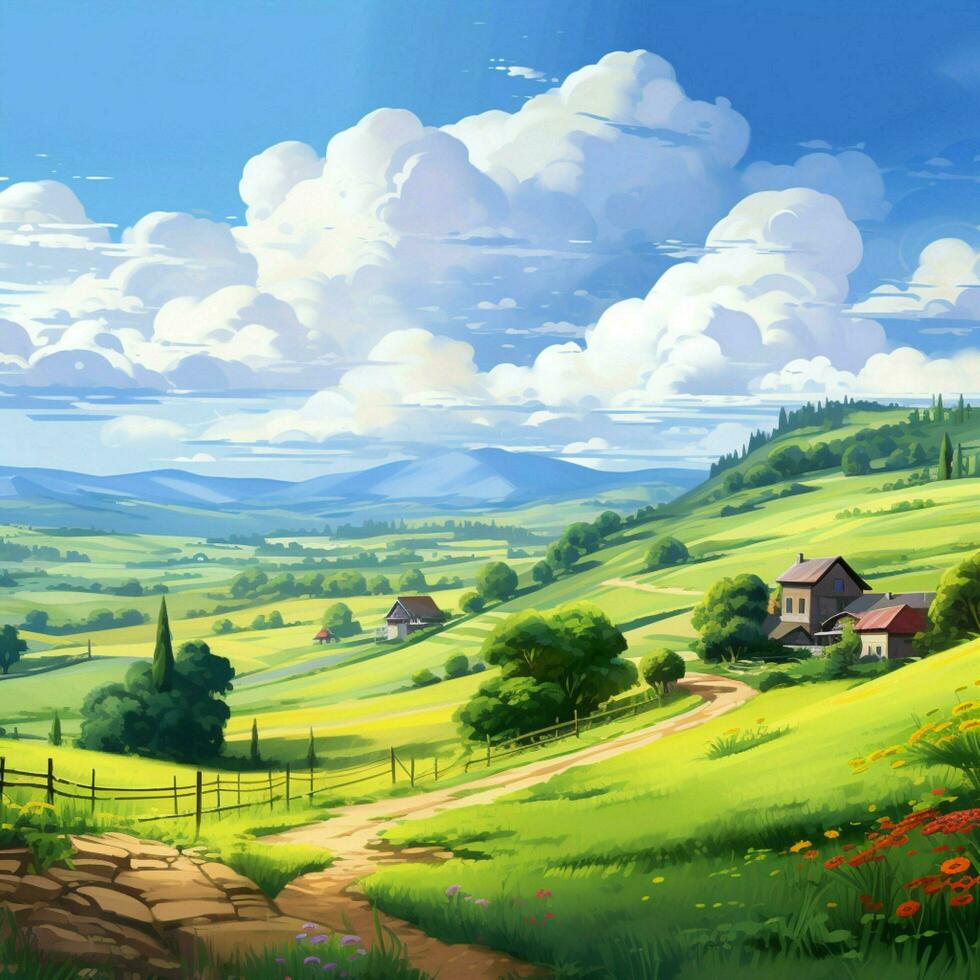 A tranquil countryside landscape with rolling hills and ch photo