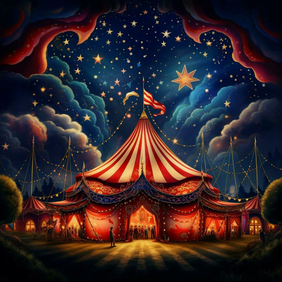 A whimsical circus tent filled with acrobats clowns and ca photo