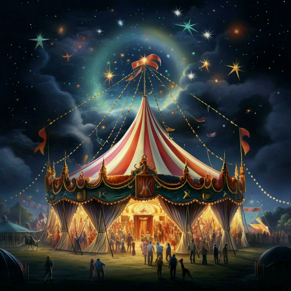 A whimsical circus tent filled with acrobats clowns and ca photo