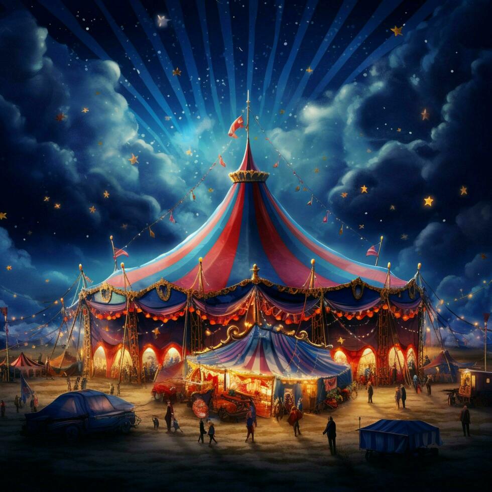 A whimsical circus tent filled with acrobats clowns and ca photo