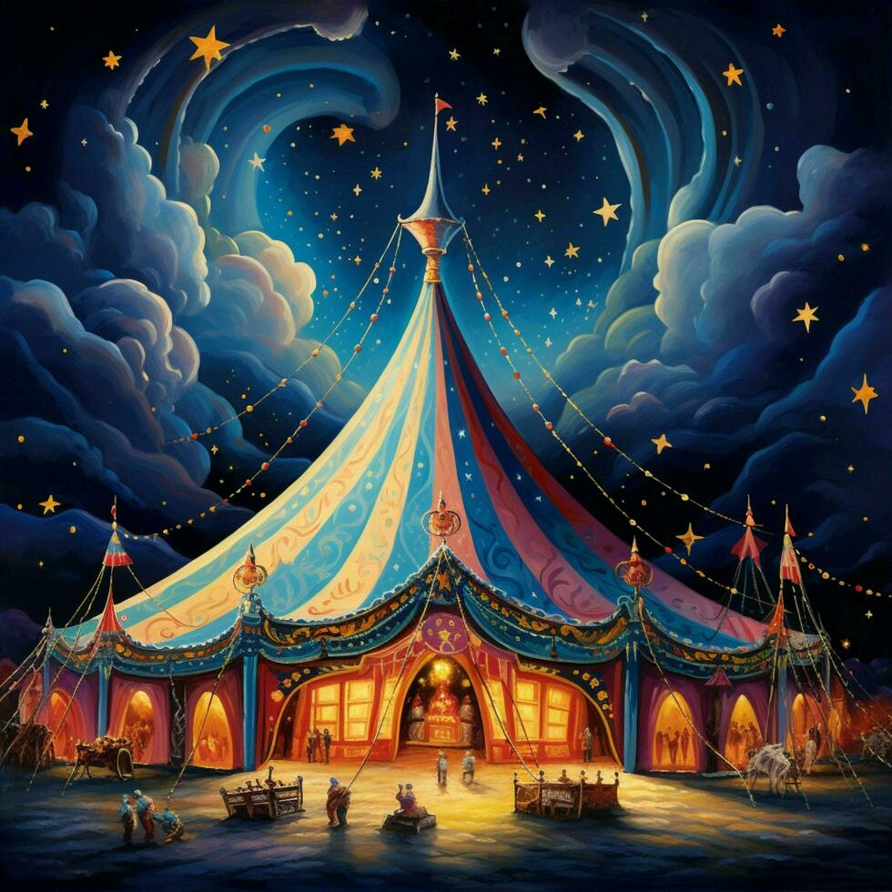 A whimsical circus tent filled with acrobats clowns and ca photo