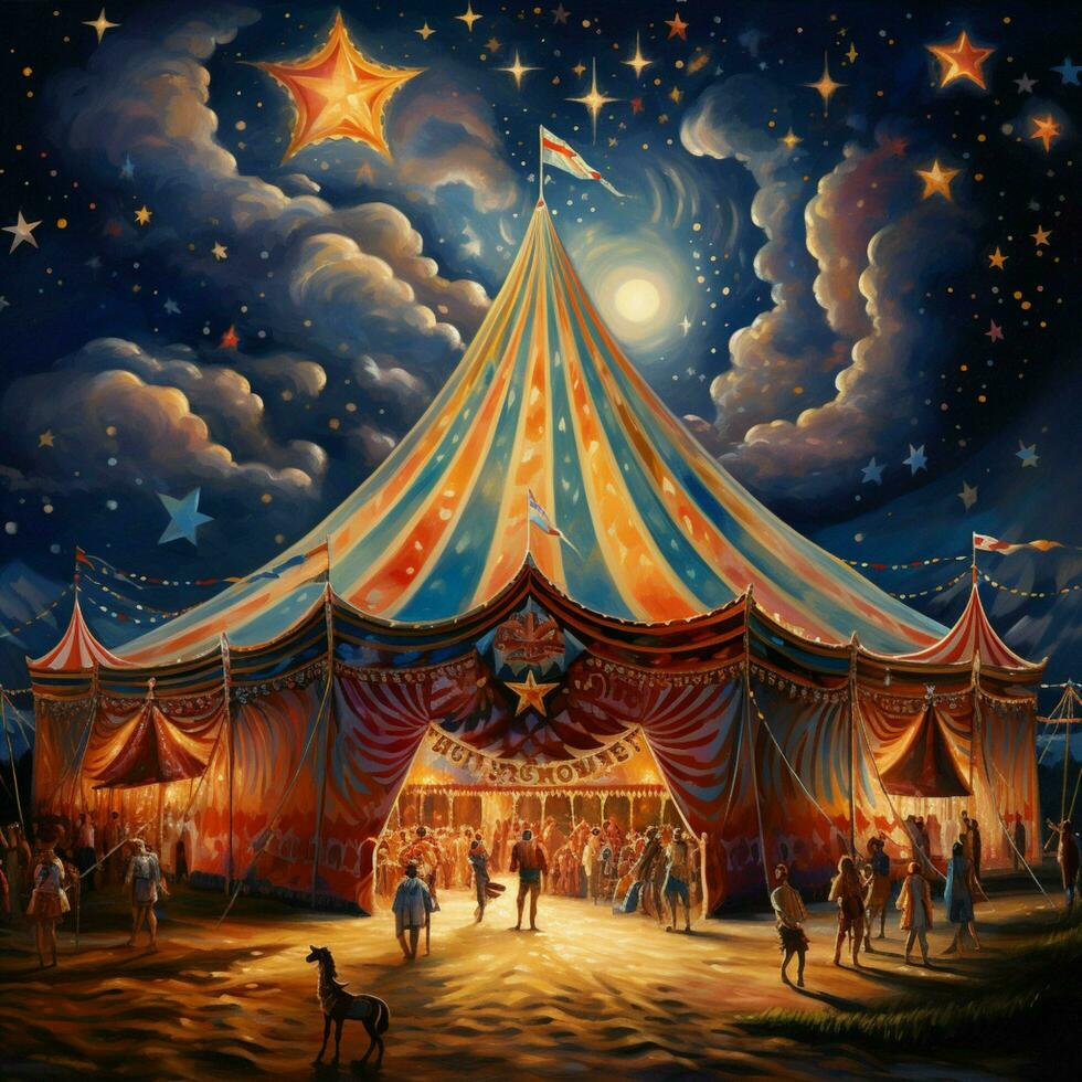 A whimsical circus tent filled with acrobats clowns and ca photo