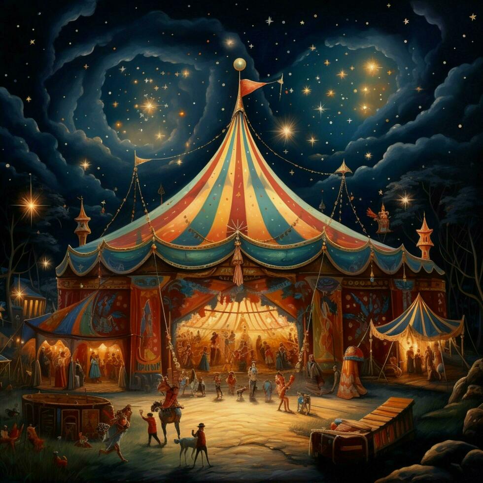 A whimsical circus tent filled with acrobats clowns and ca photo