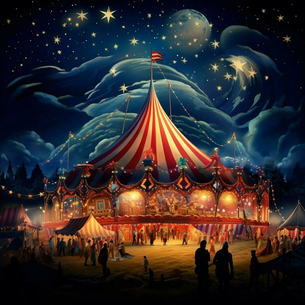 A whimsical circus tent filled with acrobats clowns and ca photo