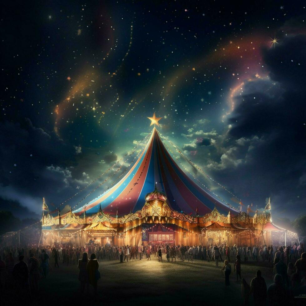 A whimsical circus tent filled with acrobats clowns and ca photo