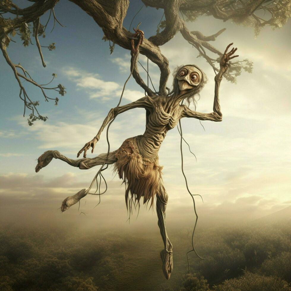 Acrobatic creature gracefully swinging from tree to tree photo