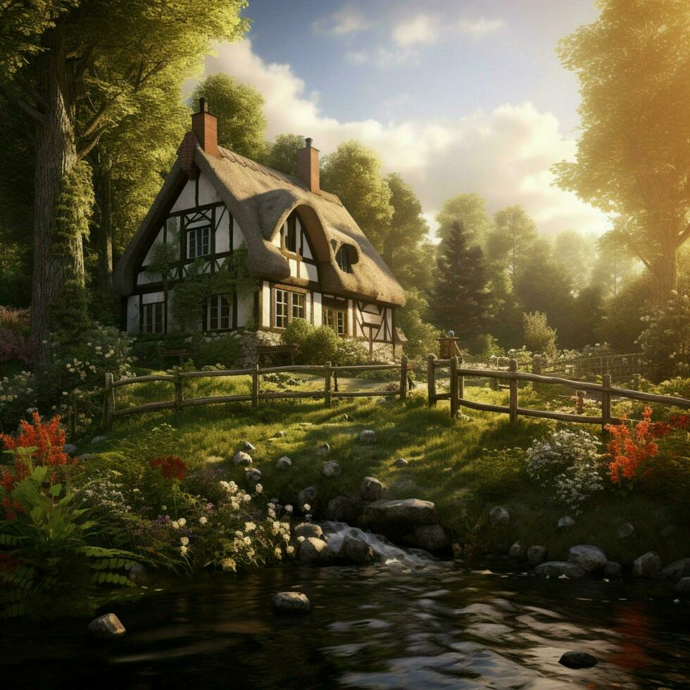 Calmness of a quaint countryside cottage surrounded by nat photo