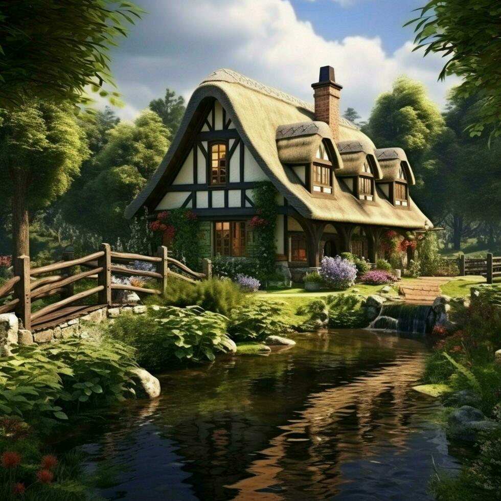 Calmness of a quaint countryside cottage surrounded by nat photo