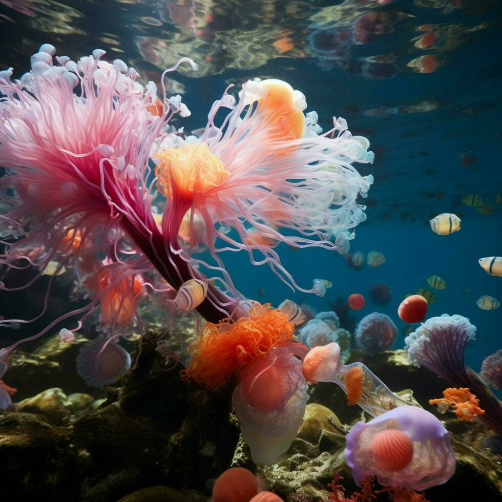 Colorful invertebrate delicately floating in the ocean photo