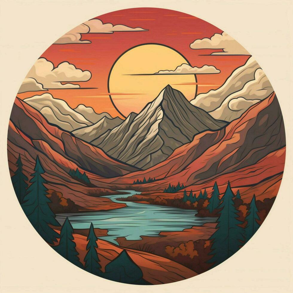 Craft a sticker showcasing a majestic mountain range photo
