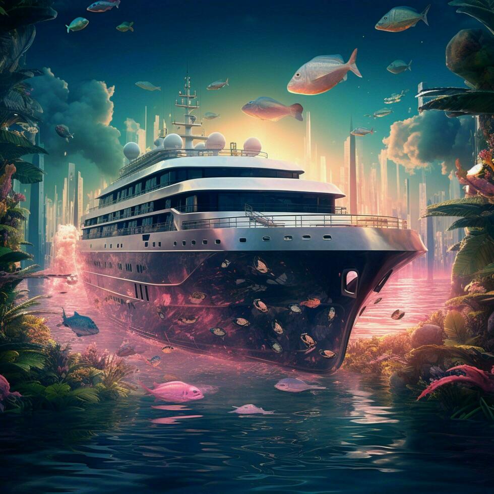 Create a surreal artwork that reimagines a luxury yacht su photo