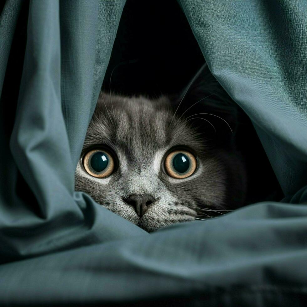 Curious cat peeking out from behind a curtain photo