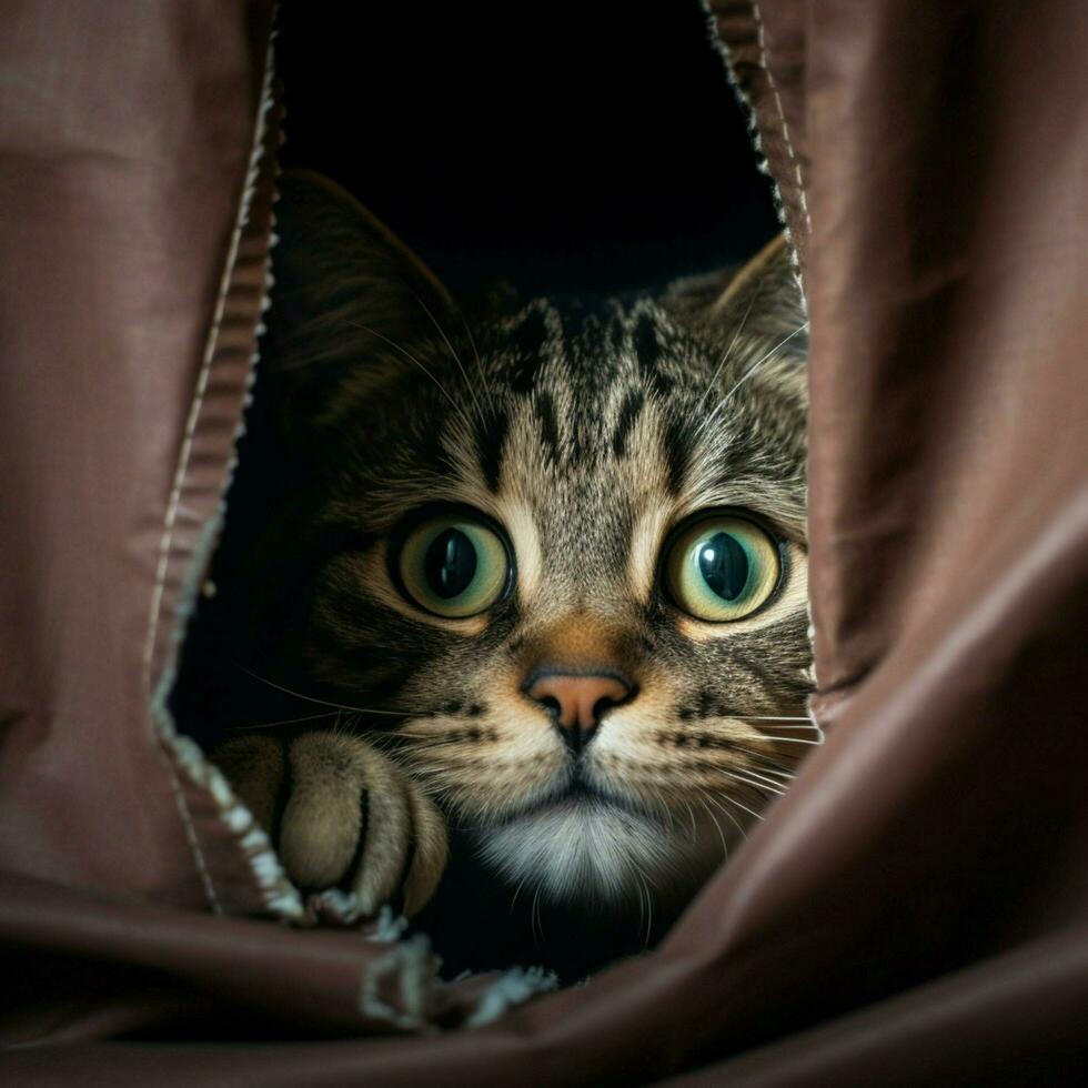 Curious cat peeking out from behind a curtain photo