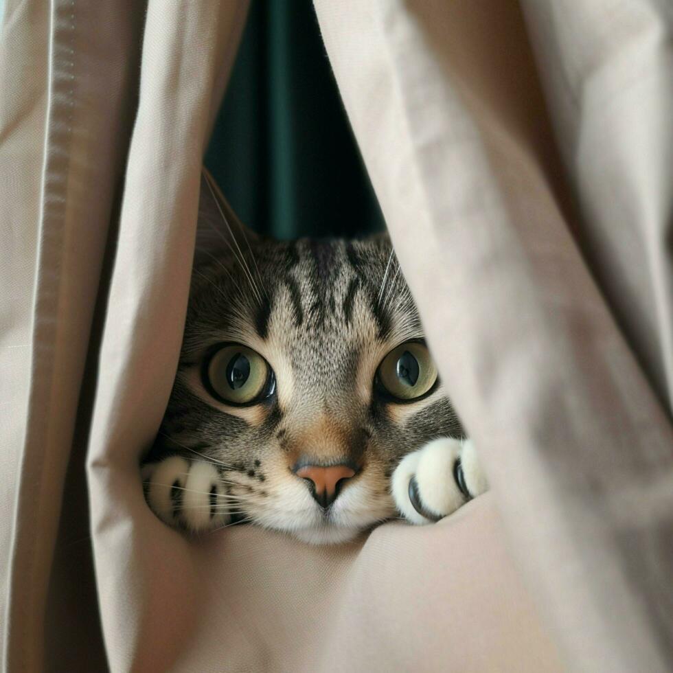 Curious cat peeking out from behind a curtain photo