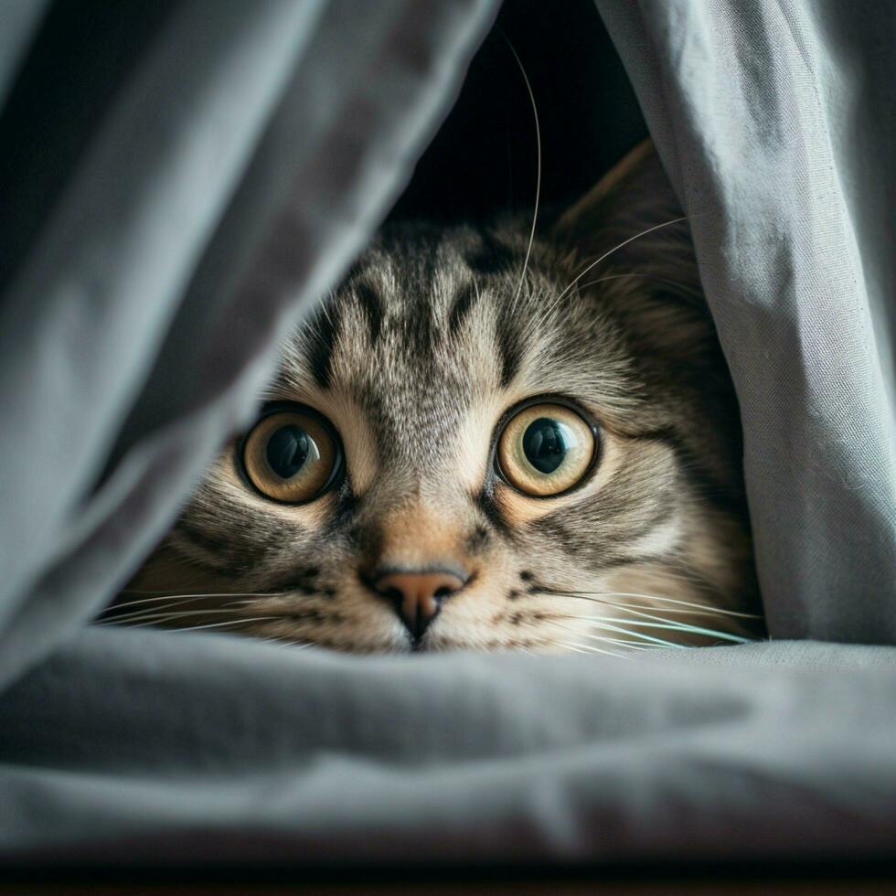 Curious cat peeking out from behind a curtain photo