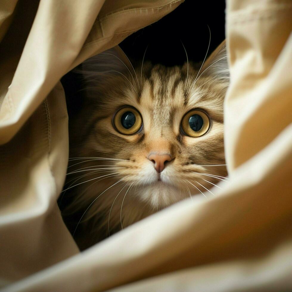 Curious cat peeking out from behind a curtain photo