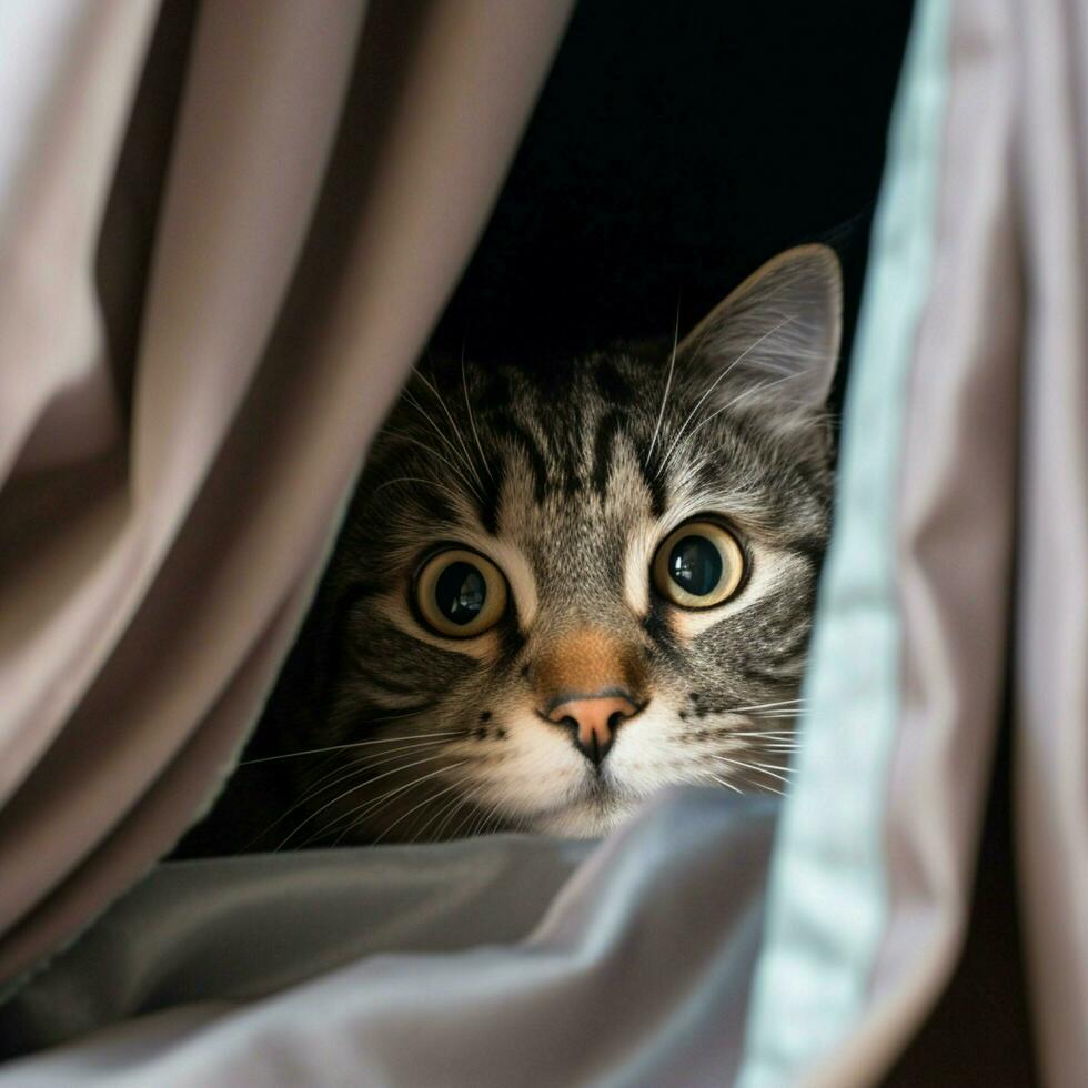 Curious cat peeking out from behind a curtain photo
