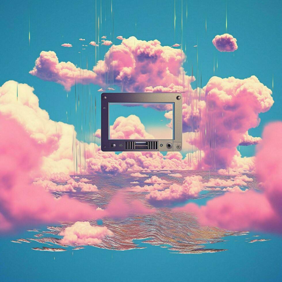 Depict a vintage cassette tape floating through a sky fill photo