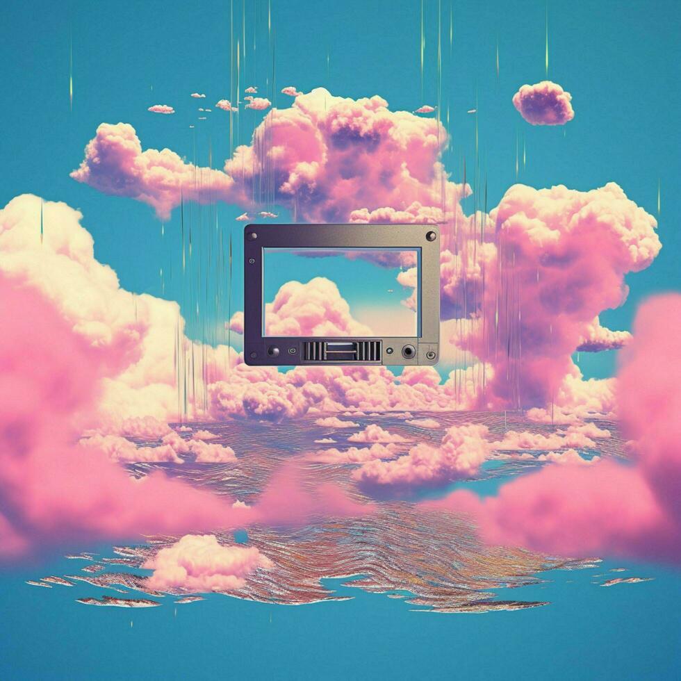 Depict a vintage cassette tape floating through a sky fill photo