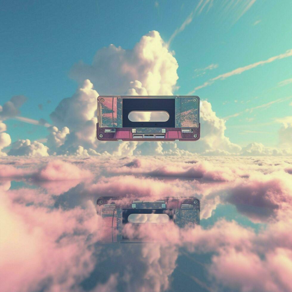 Depict a vintage cassette tape floating through a sky fill photo