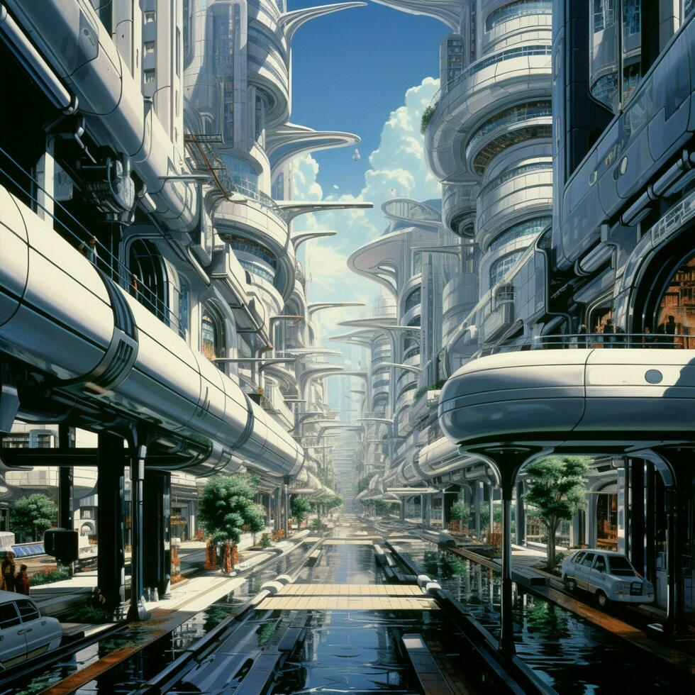 Depict the influence of Y2K on futuristic architecture and photo