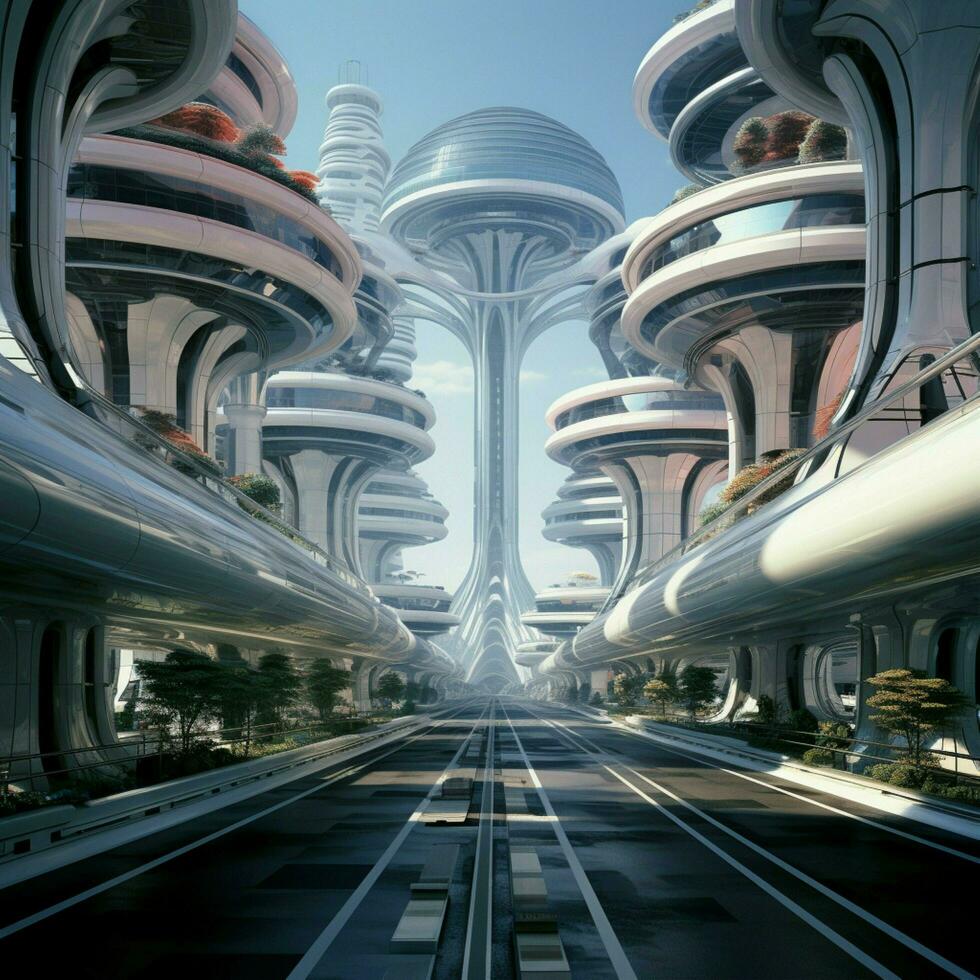 Depict the influence of Y2K on futuristic architecture and photo