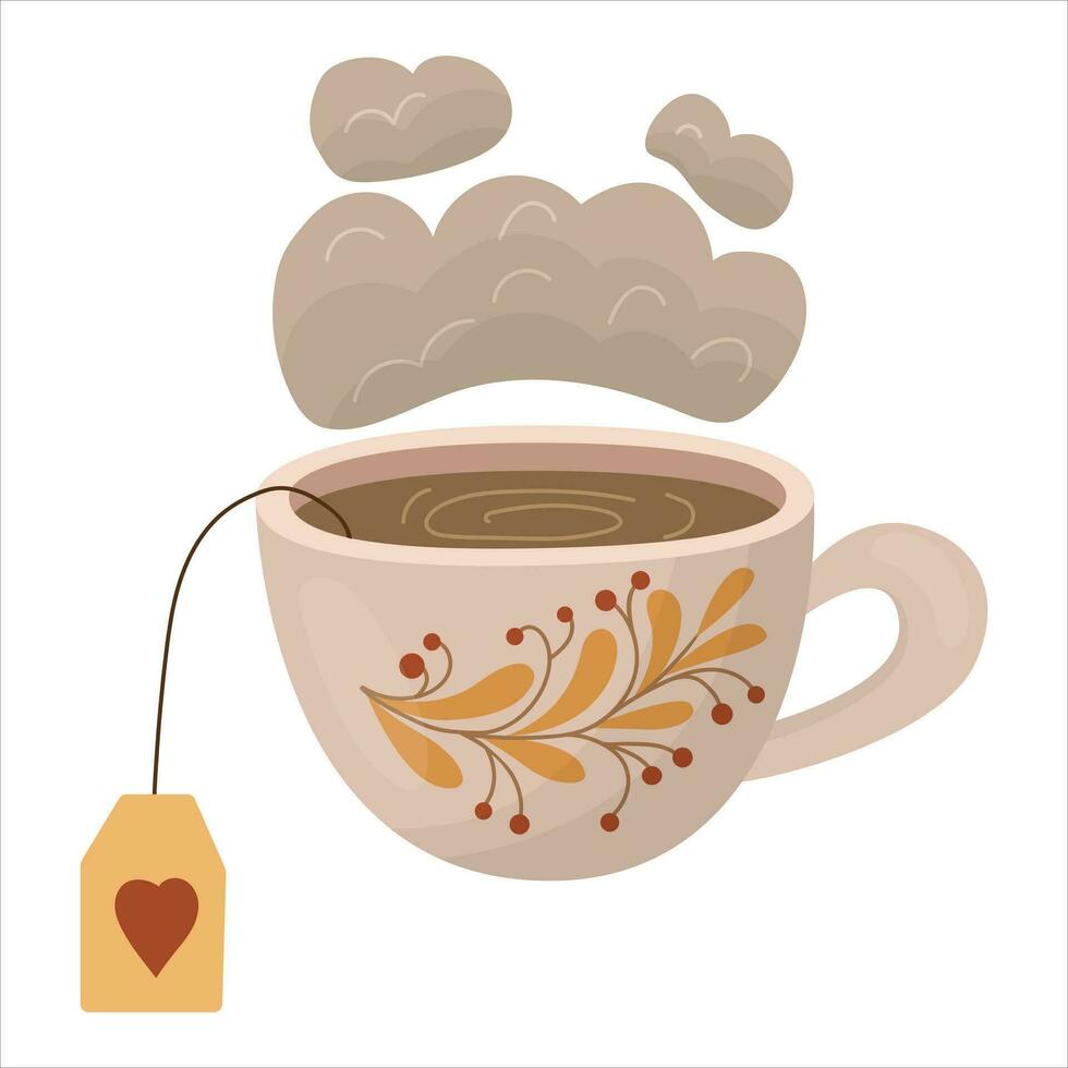 A cup of tea decorated with an autumn illustration. vector illustration on a white background.