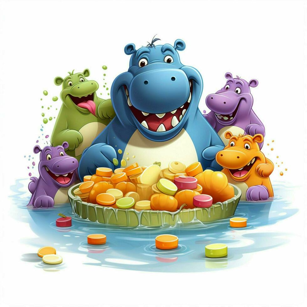 hambriento hambriento hipopótamos 2d dibujos animados ilustracion en blanco respaldo foto