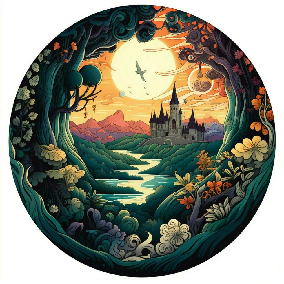 Imagine a sticker with a whimsical fantasy-inspired scene photo