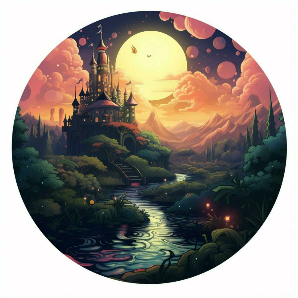 Imagine a sticker with a whimsical fantasy-inspired scene photo